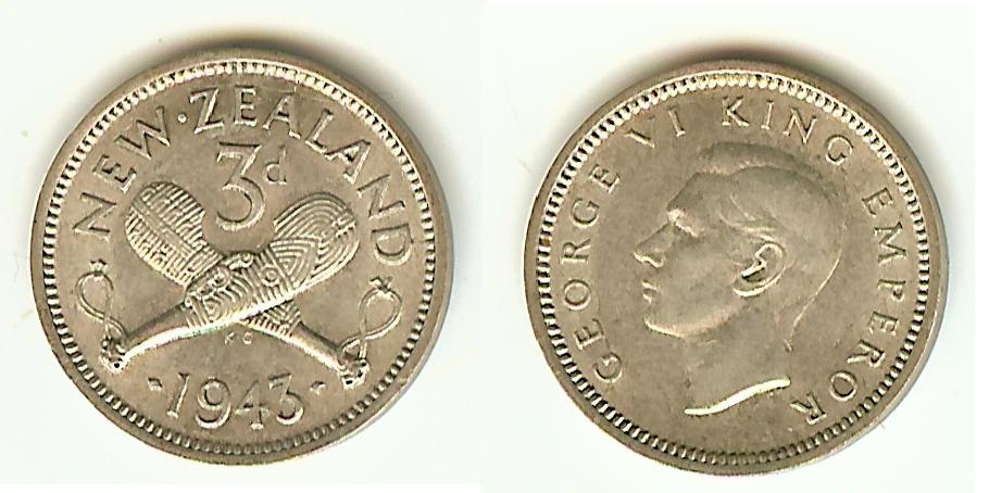 New Zealand 3 Pence 1943 AU/Unc